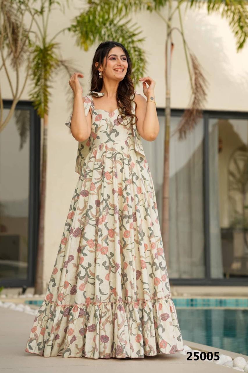 Off white Floral Soft Rayon Fabric Comfy Casual Gown Fully Stitched