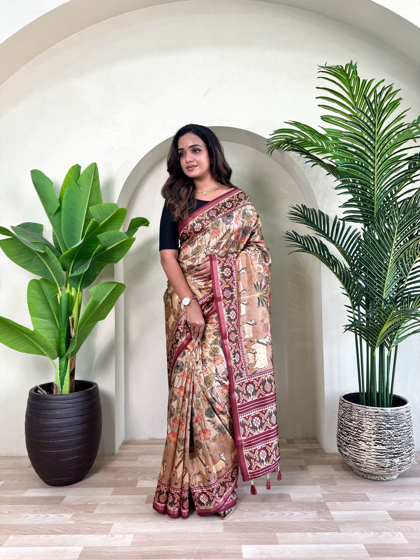 Ramya - Beautiful Dola Silk Printed Saree with Stitched Blouse Options