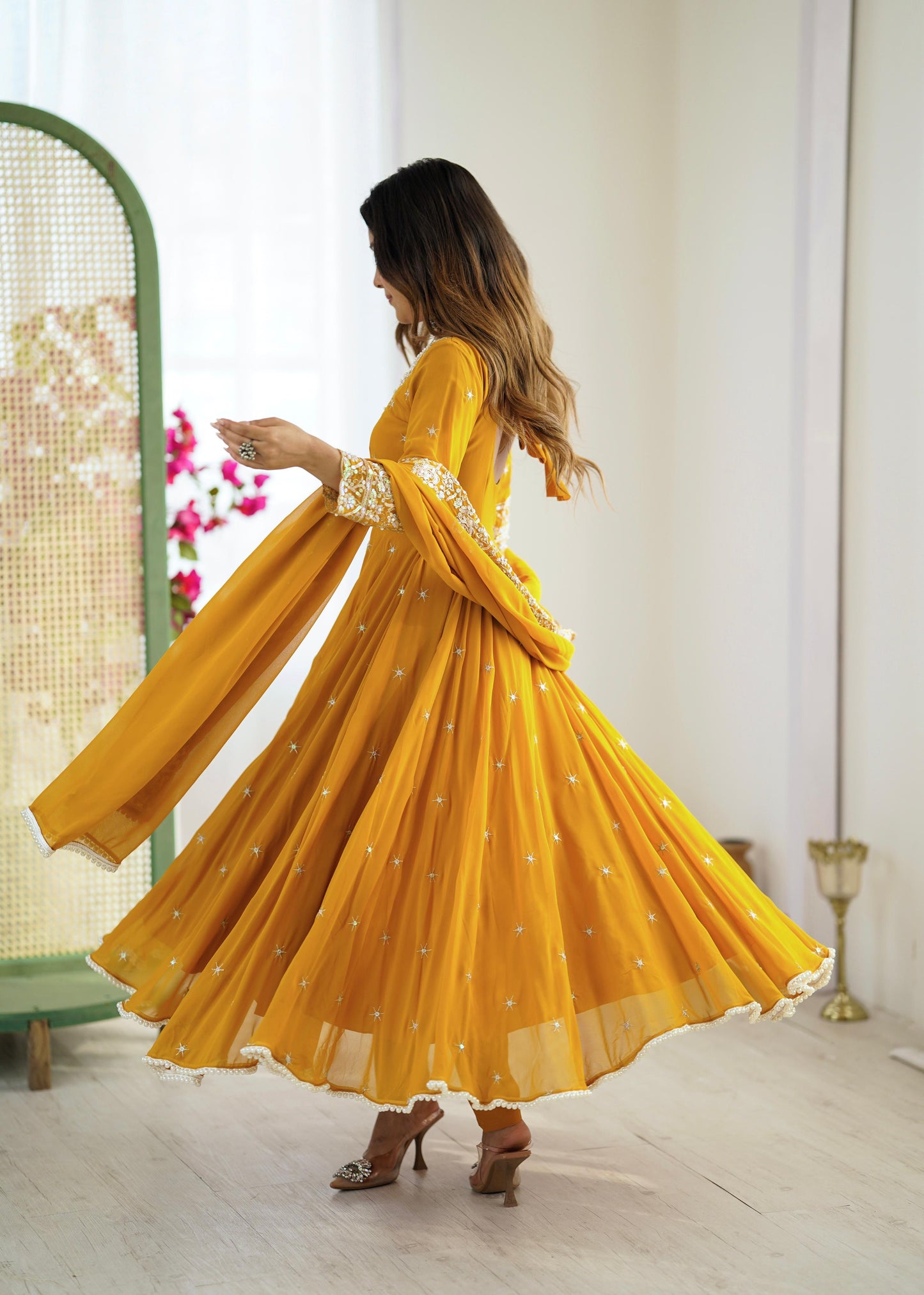 Mustard Premium Faux Georgette Anarkali Gown with Beautiful Work Fully Readymade