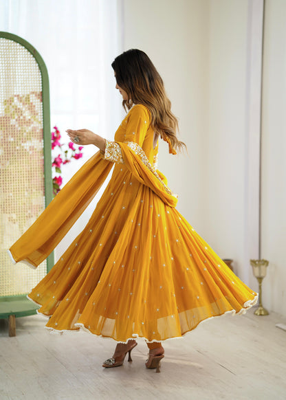 Mustard Premium Faux Georgette Anarkali Gown with Beautiful Work Fully Readymade