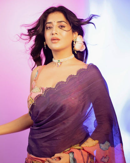 Jhalak - Soft Silk Printed Saree with Pearl work & Stitched Blouse