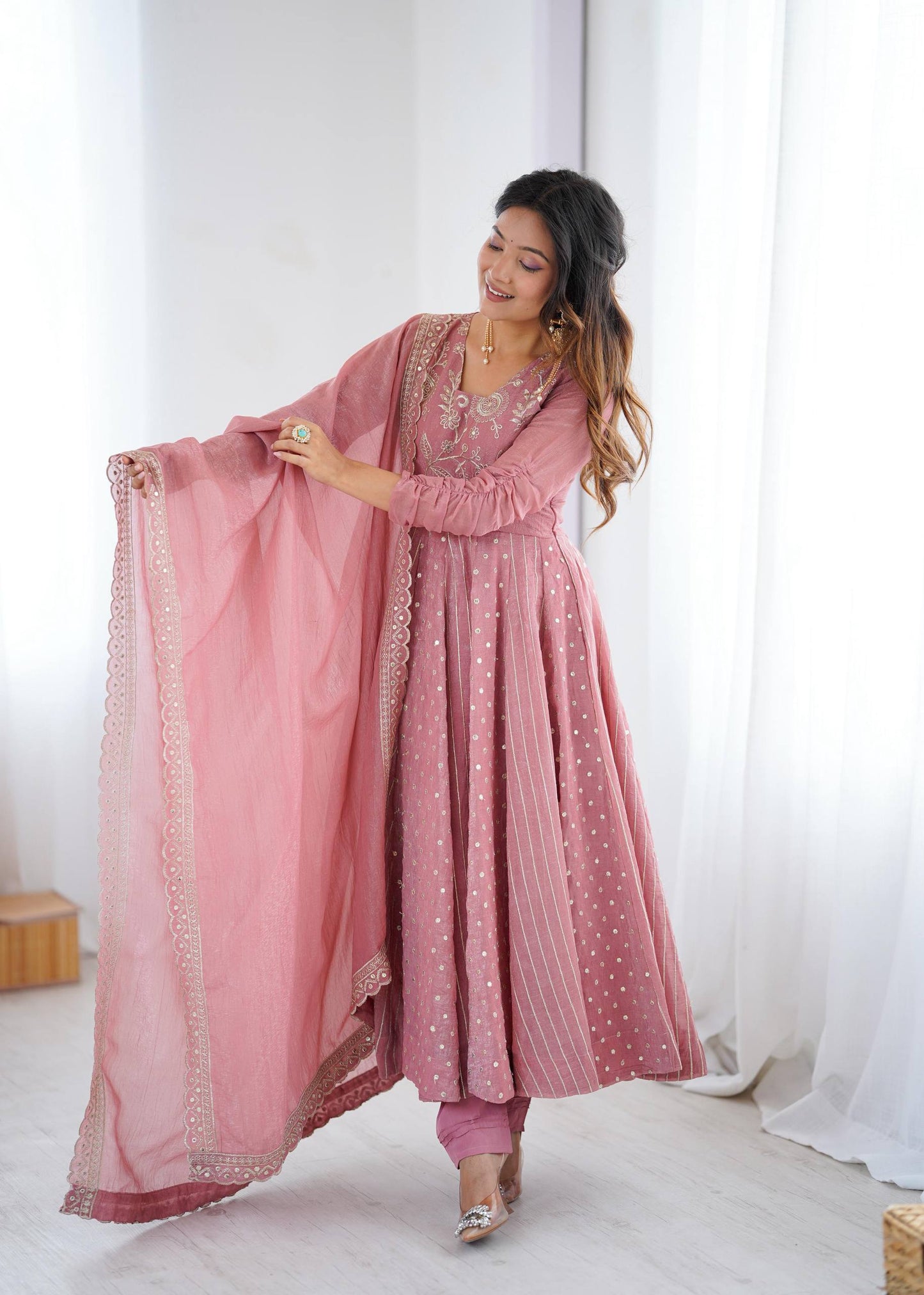 Vedika - Premium Soft Silk Anarkali Gown with Embroidery Sequins Work Fully Stitched