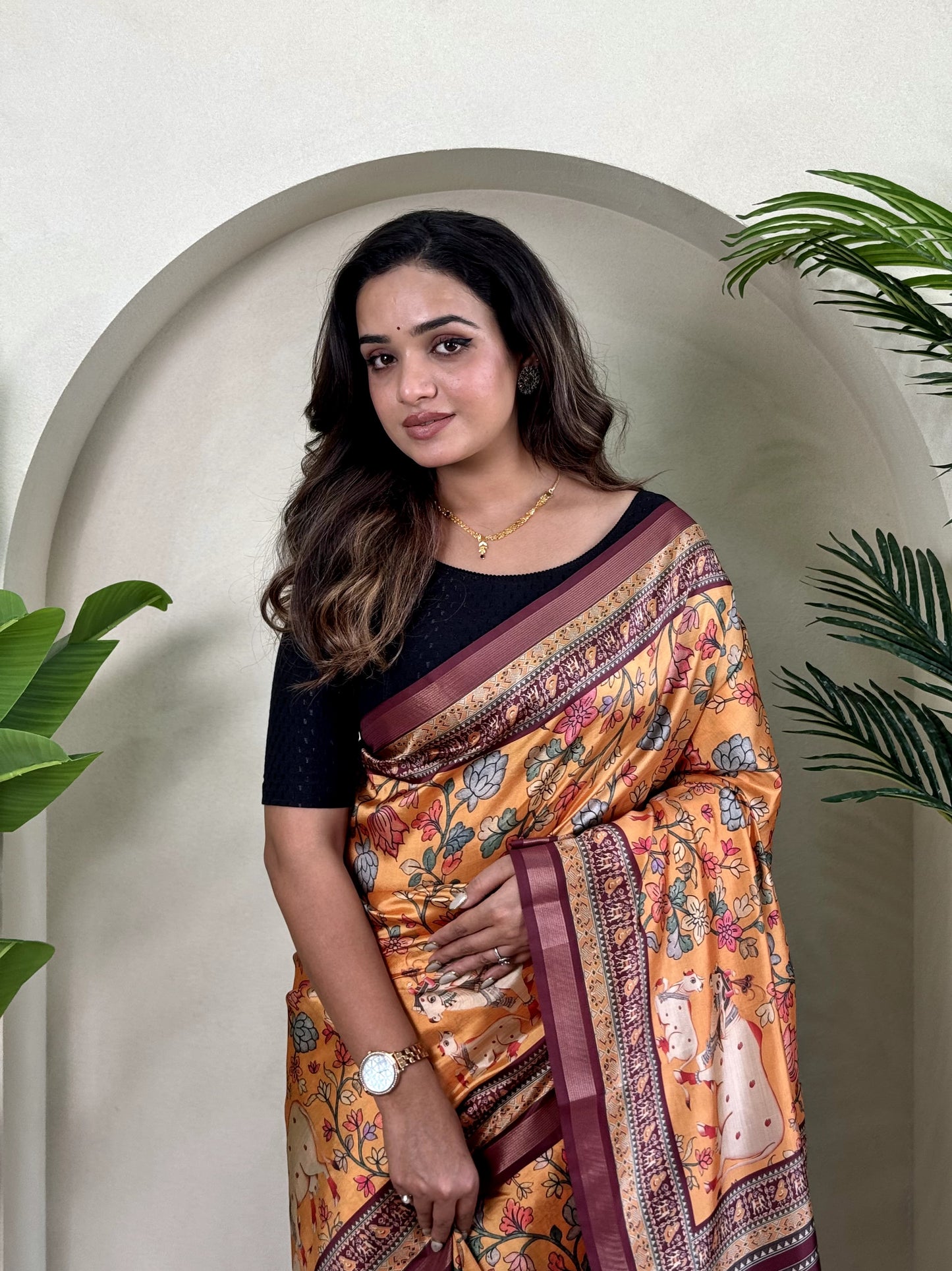 Ramya - Beautiful Dola Silk Printed Saree with Stitched Blouse Options