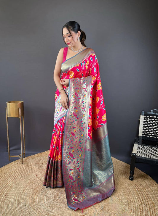 Premium Soft Silk With Rich Patola Weaving and Contast Pallu with Stitched Blouse