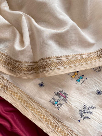 Saheli - Pure Loom Tussar Silk with Beautiful Embroidery Doodle Art and Stitched Blouse Options