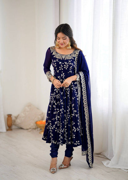 Preeva - Navy Blue Soft Georgette with Full Embroidery Gown Fully Stitched