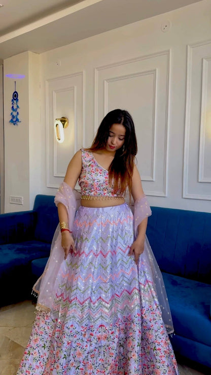 Pastel Purple Premium Satin Silk Lehenga with Sequins and Embroidery Work Fully Stitched