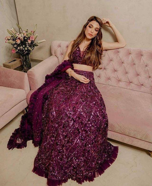 Premium Magenta Full Sequins Work Velvet Lehenga Fully Stitched