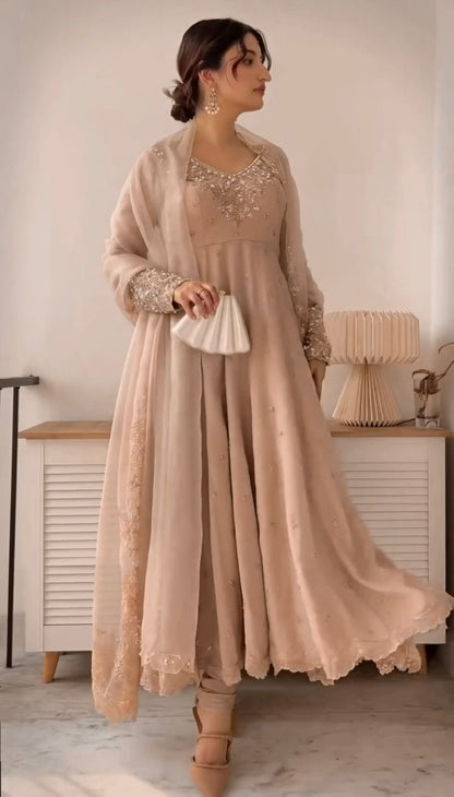 Chickoo Colour Soft Georgette Anarkali Gown Fully Stitched