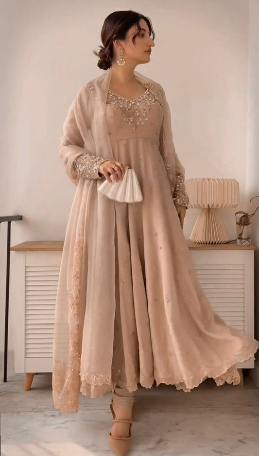 Chickoo Colour Soft Georgette Anarkali Gown Fully Stitched