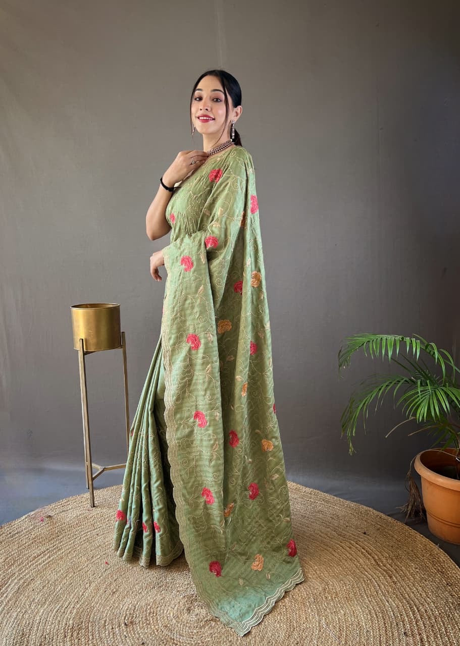 Kamya - Pure Tussar Silk with Jaal Embroidery Weaving with Stitched Blouse Options