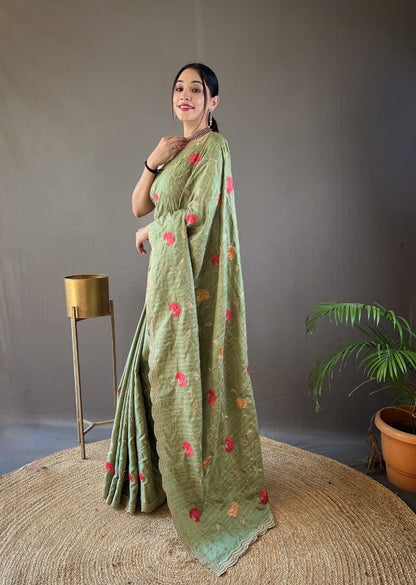 Kamya - Pure Tussar Silk with Jaal Embroidery Weaving with Stitched Blouse Options