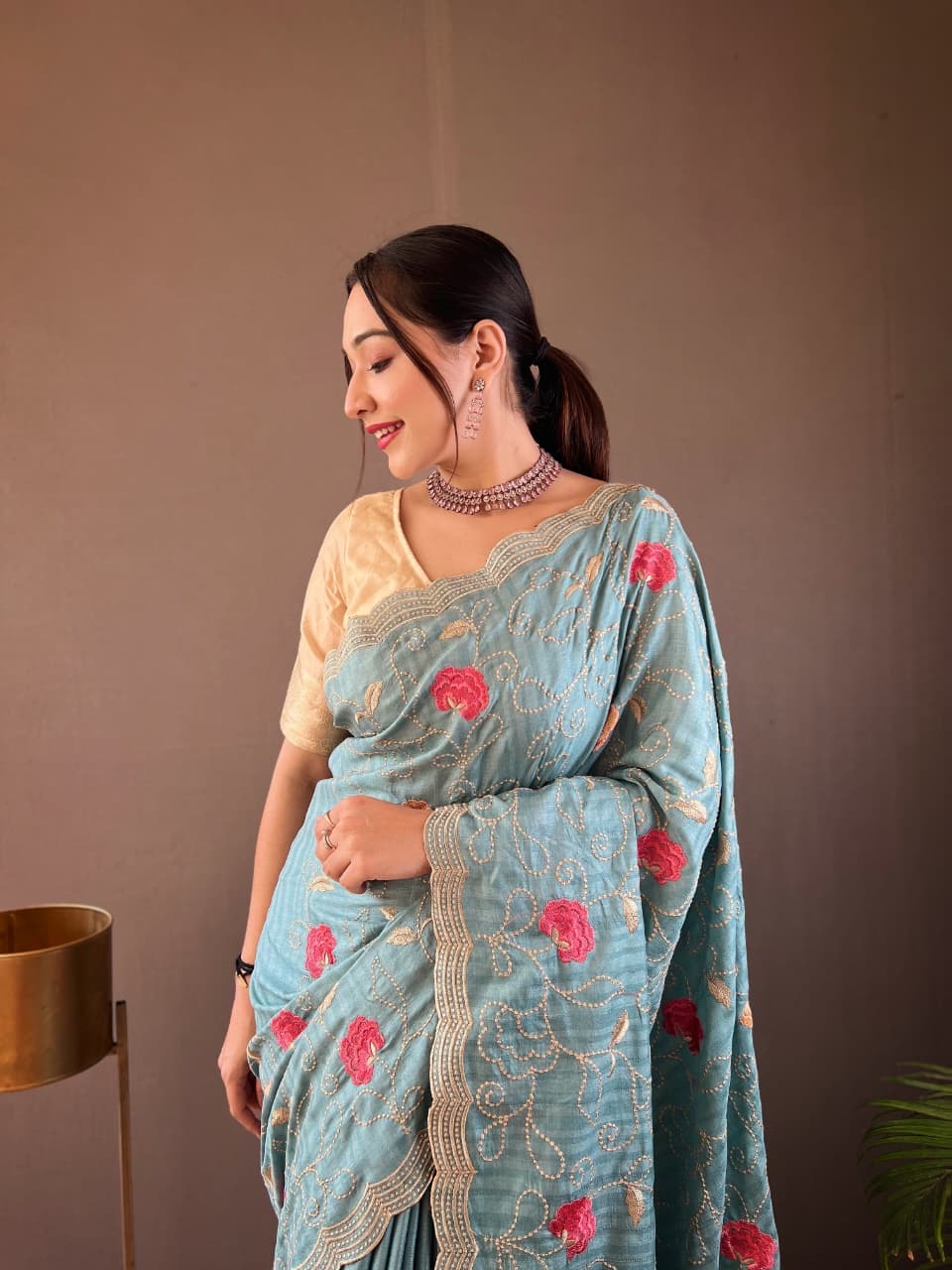 Kamya - Pure Tussar Silk with Jaal Embroidery Weaving with Stitched Blouse Options