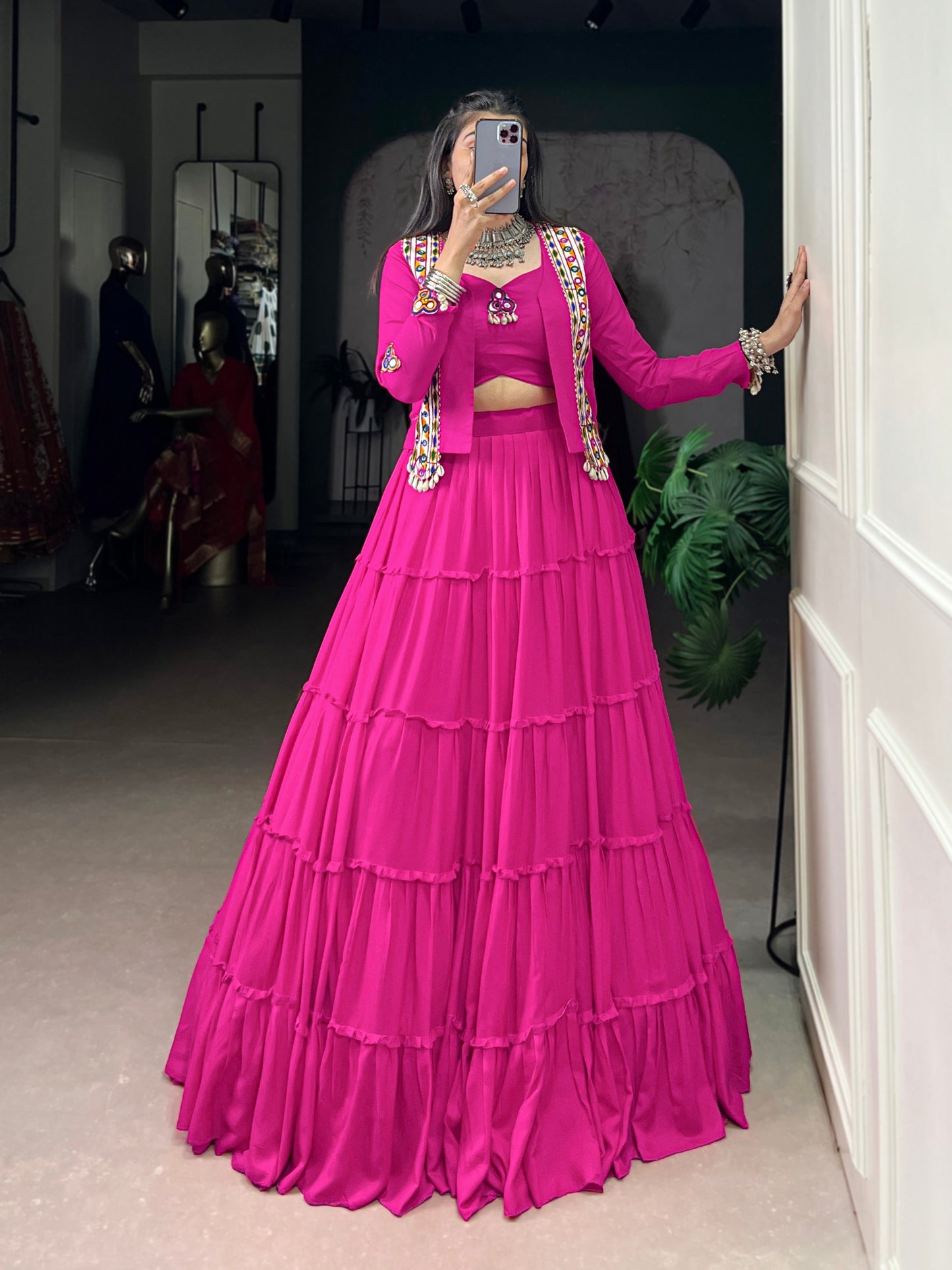 Premium Rayon Cotton With Gamthi and Kodi Work Chaniya Cholis with Koti Jacket Fully Stitched