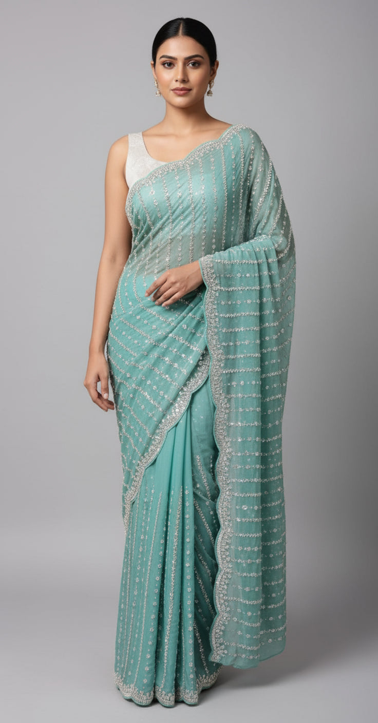 Person wearing a turquoise saree with silver border indoors.