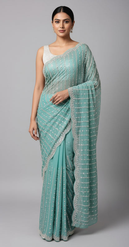 Person wearing a turquoise saree with silver border indoors.