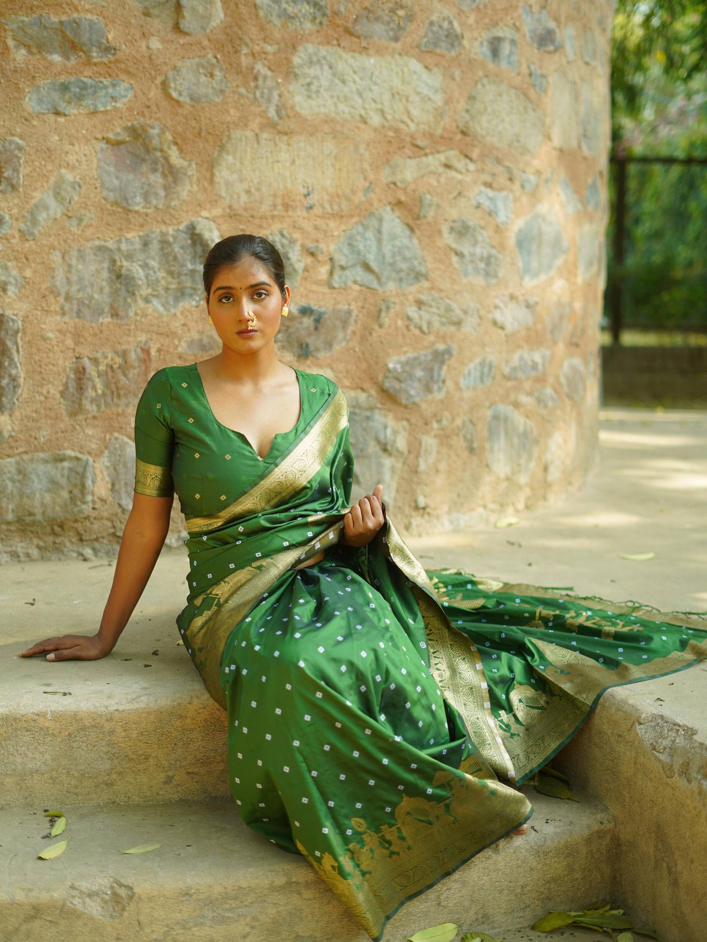 Apsara - Soft Silk with Hand Bandhej Pattern Gold Border Paithani Saree with Stitched Blouse Options