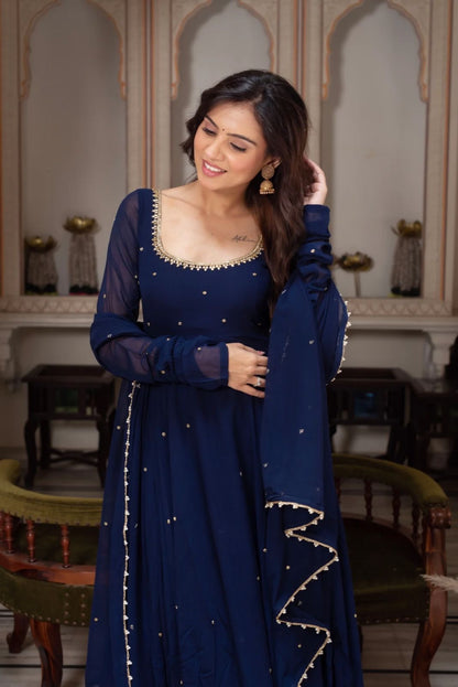 Beautiful Navy Blue Georgette Gown Fully Stitched