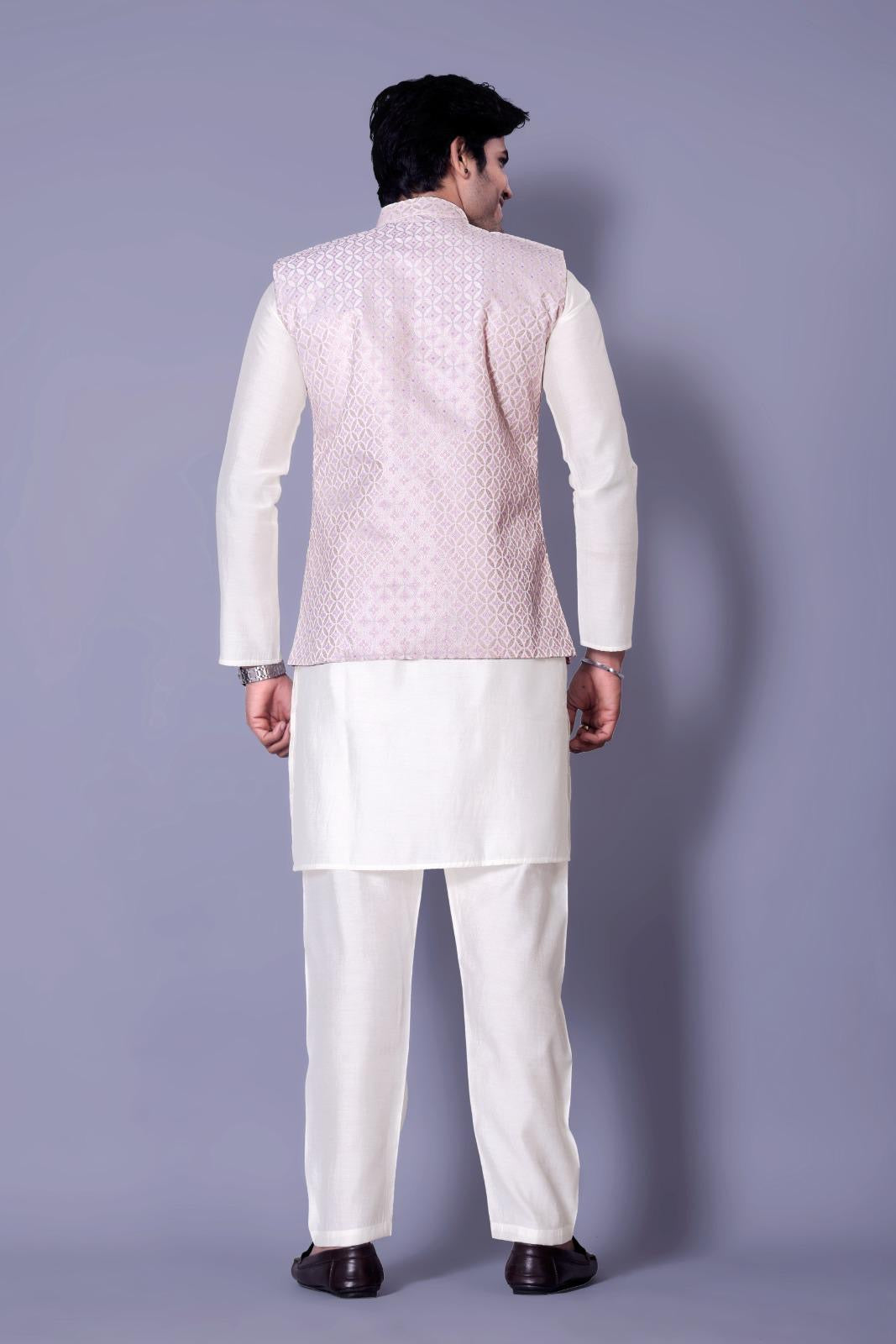 Baby Pink Designer Koti Kurta Set for Men - Indian Ethnic Fashion Online