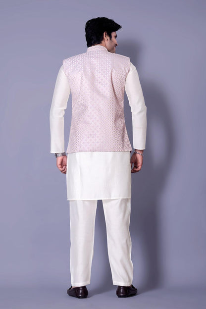 Baby Pink Designer Koti Kurta Set for Men - Indian Ethnic Fashion Online