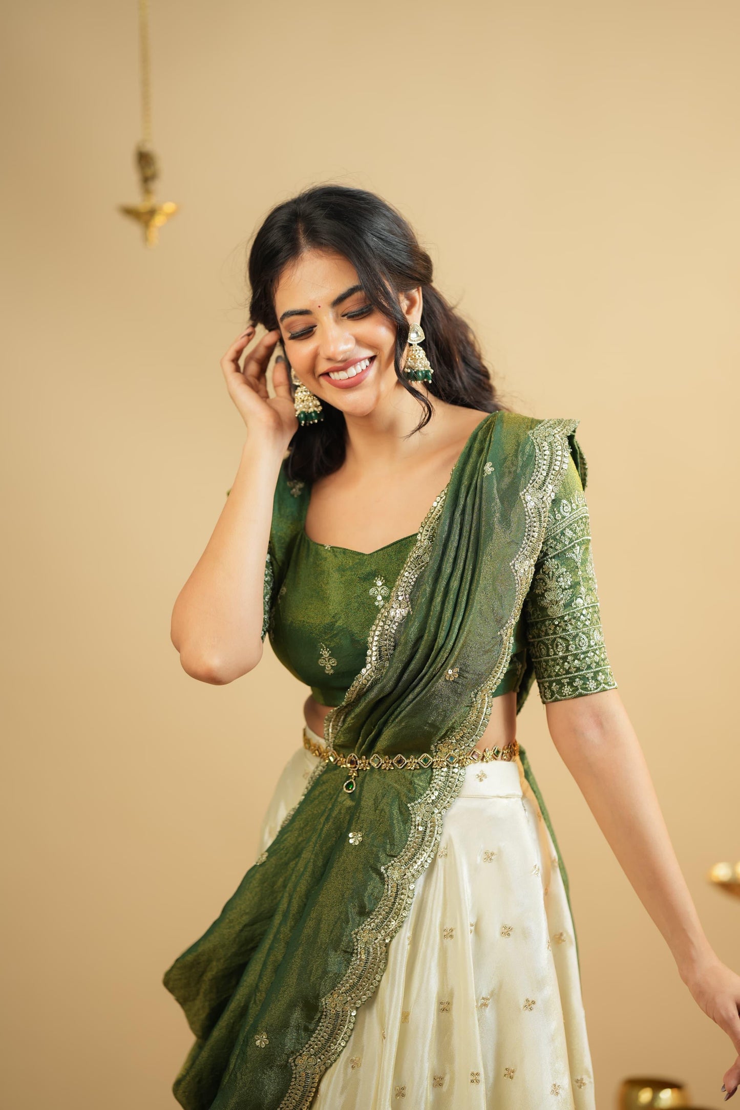 Saumya - Premium Green and White Silk Lehenga Fully Stitched
