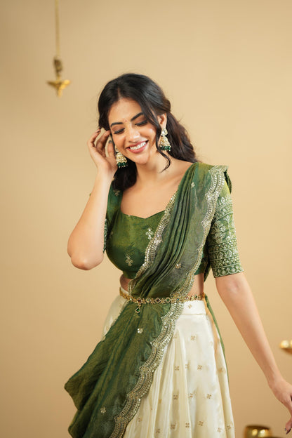 Saumya - Premium Green and White Silk Lehenga Fully Stitched