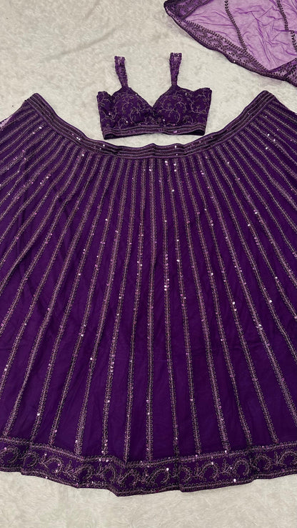 Purple & Wine Beautiful Net Lehenga with Premium Sequins and Dori Work Fully Stitched