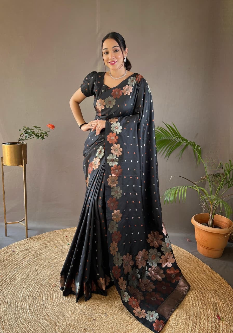 Palki - Soft Silk Copper and Gold Zari Weaving Flower Weaved Saree with Stitched Blouse Options