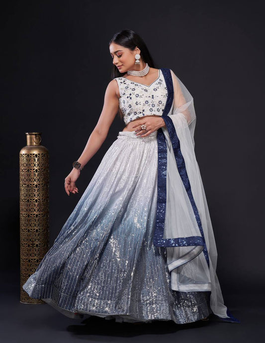 Dual tone white and navy blue shaded fully stitched lehenga