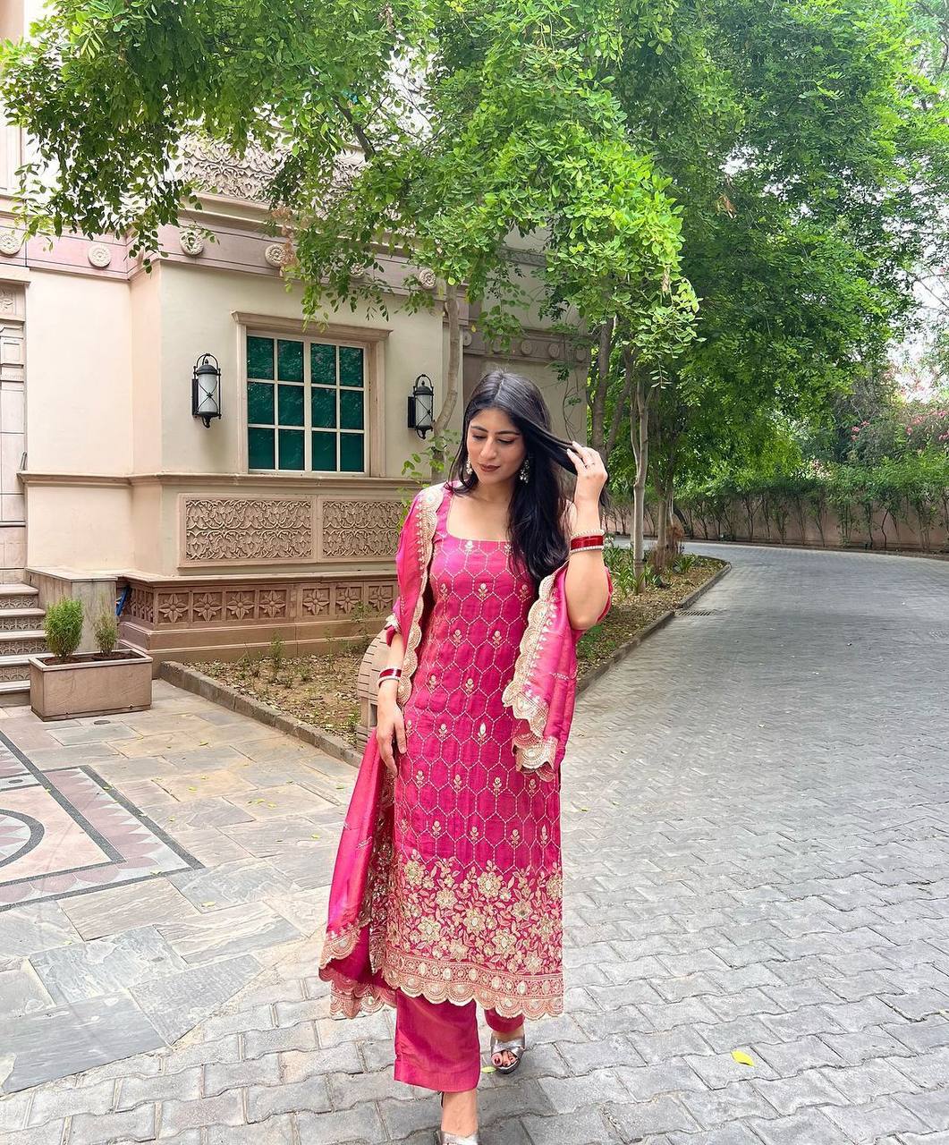Premium Chinnon Rani Pink sharara set fully stitched