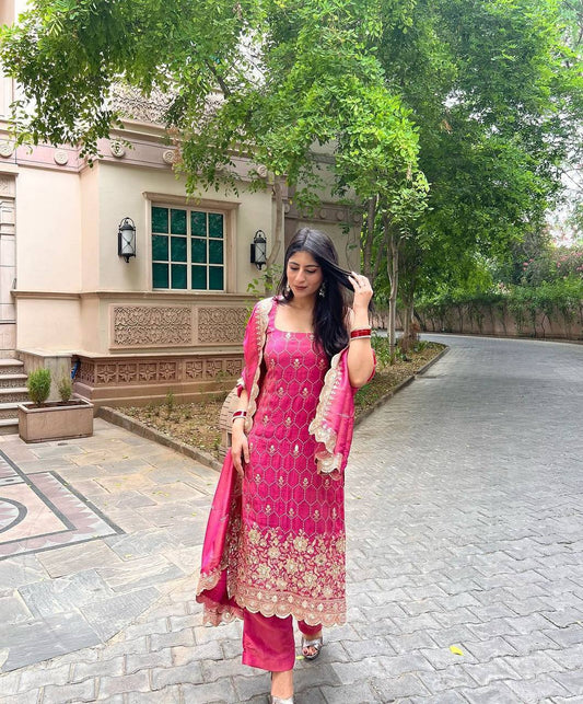 Premium Chinnon Rani Pink sharara set fully stitched