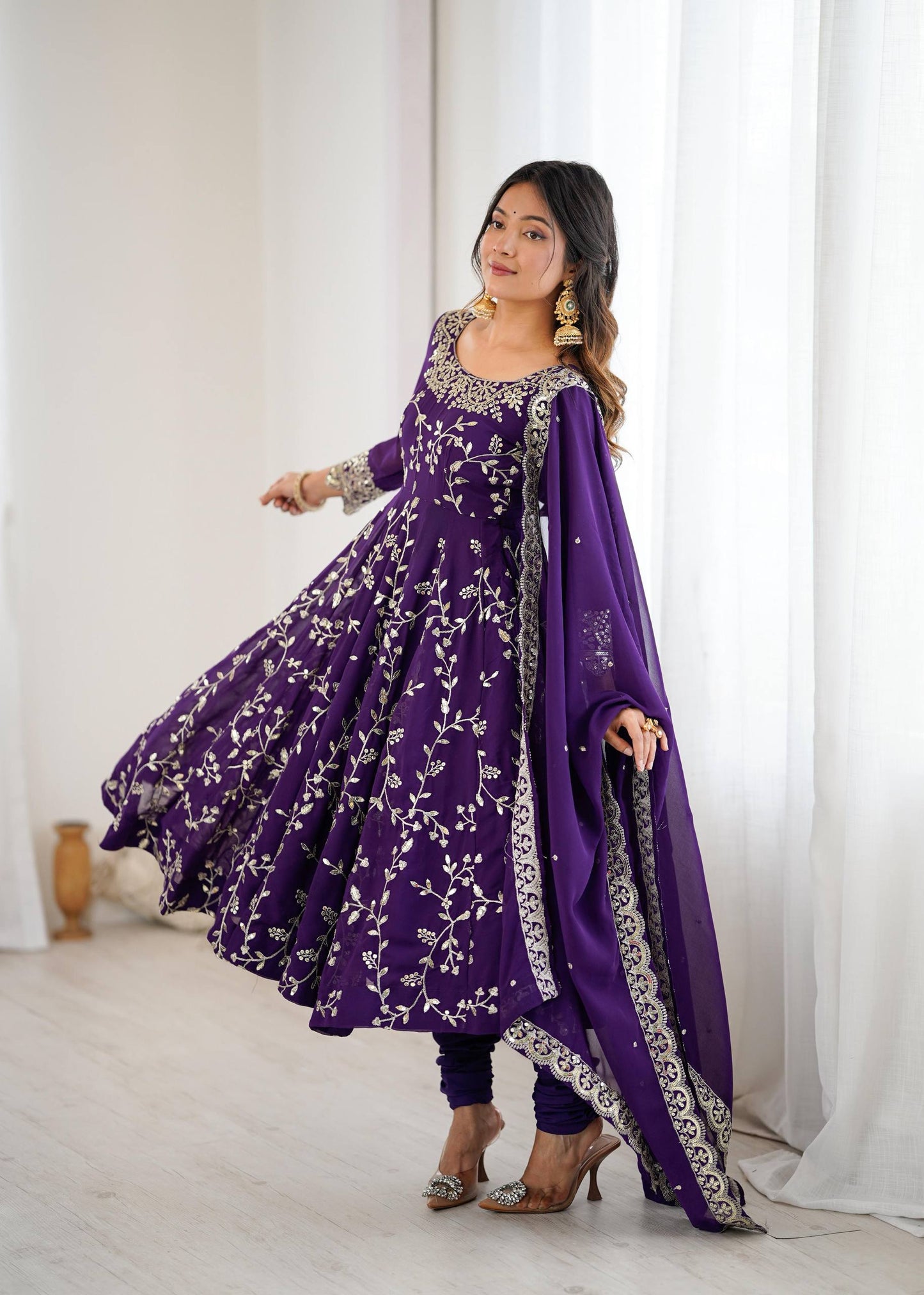Preeva - Purple Soft Georgette with Full Embroidery Gown Fully Stitched