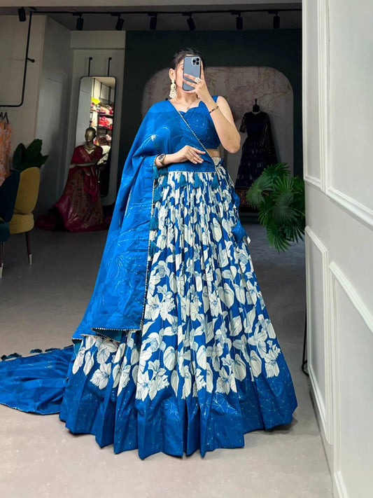 Navy Blue Navratri Special Tussar Silk Floral Printed Fully Stitched Lehenga Choli