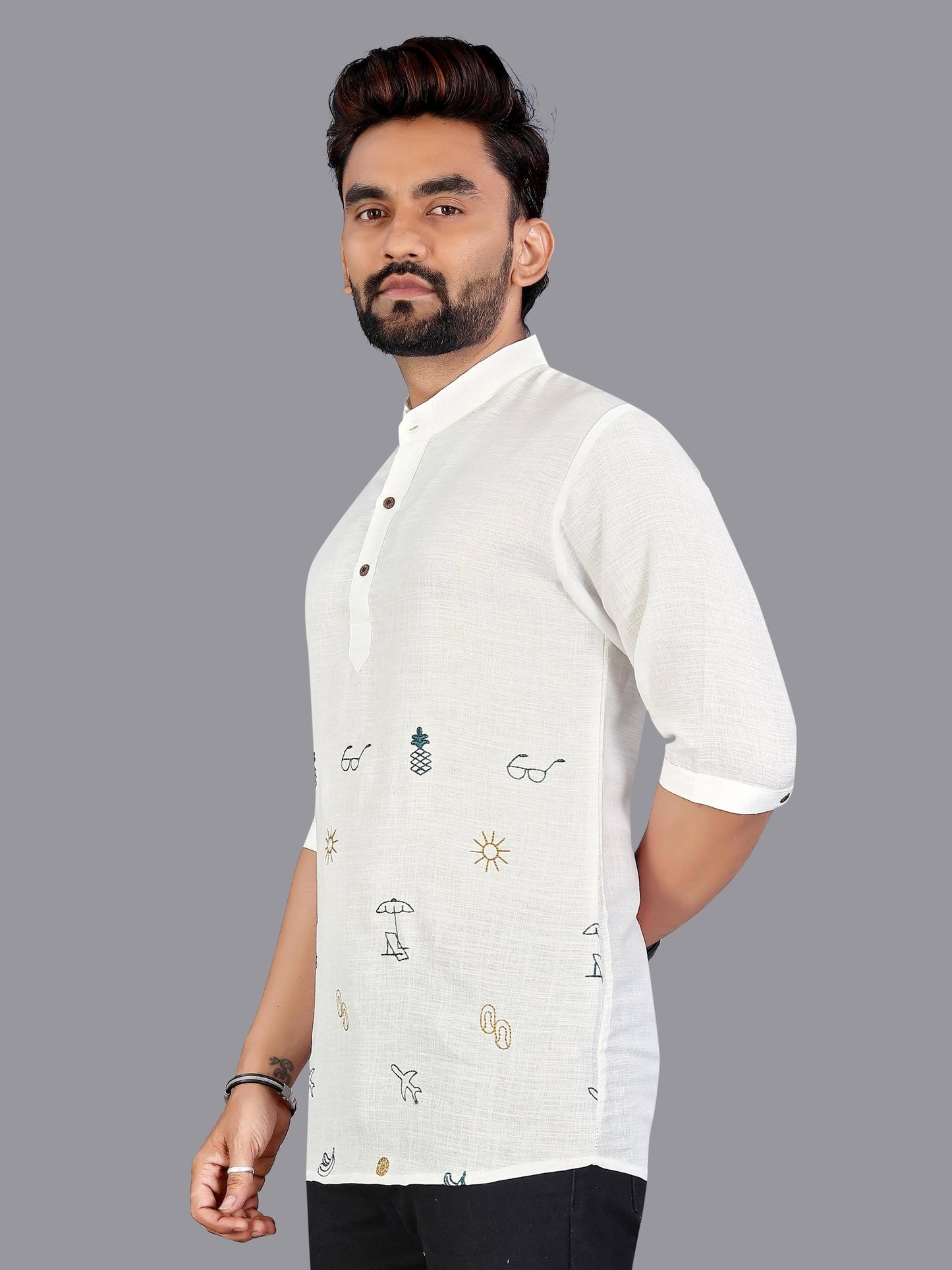 Off White Men's Premium Linen Print Short Kurta for Casual or Festive Look