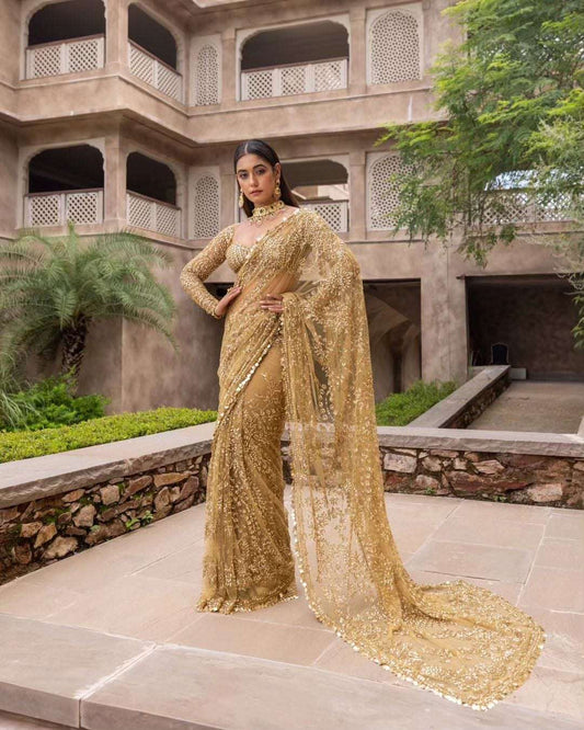 Mustard Gold designer style sequins saree on net febric with stitched blouse