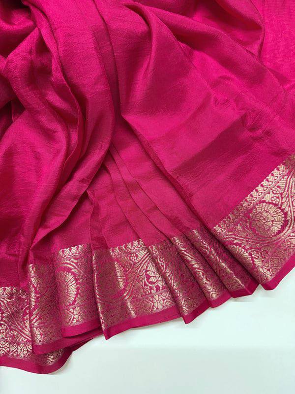 Vrinda - Soft Chinnon Silk Saree with Gold Zari Border & Stitched Blouse Options