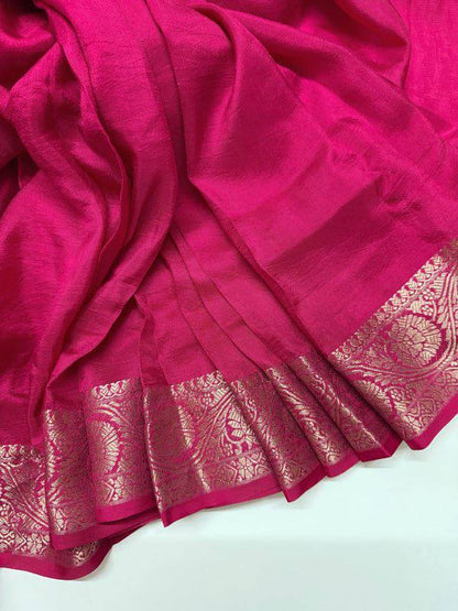 Vrinda - Soft Chinnon Silk Saree with Gold Zari Border & Stitched Blouse Options