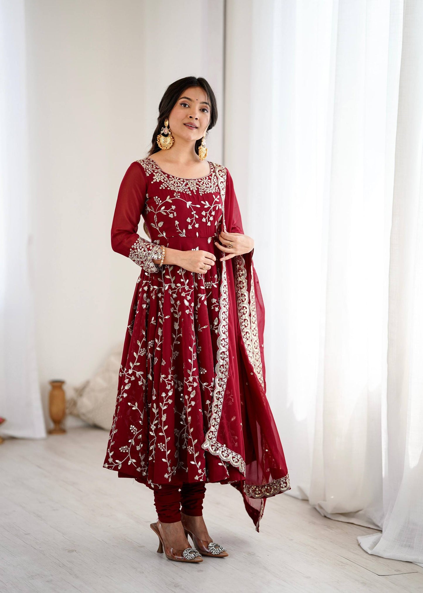 Preeva - Cherry 🍒 Pink  Soft Georgette with Full Embroidery Gown Fully Stitched