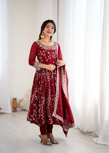 Preeva - Cherry 🍒 Pink  Soft Georgette with Full Embroidery Gown Fully Stitched