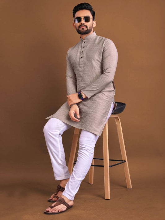 Brown Men's kurta Weaving style jaquard fabric with pure Cotton Pajama