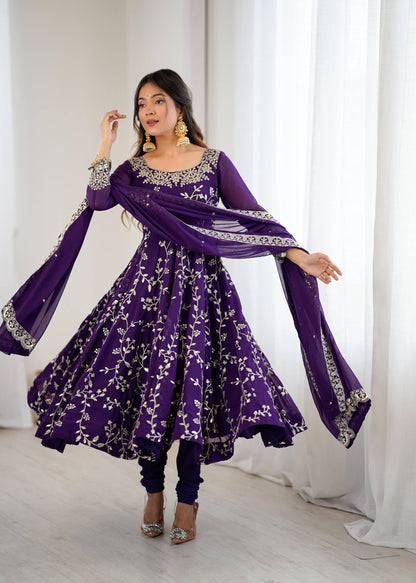Preeva - Purple Soft Georgette with Full Embroidery Gown Fully Stitched