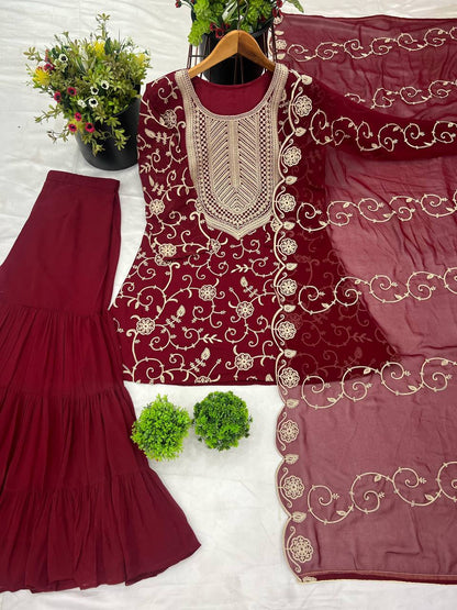 Soft Georgette Maroon Sharara Set Fully Stitched