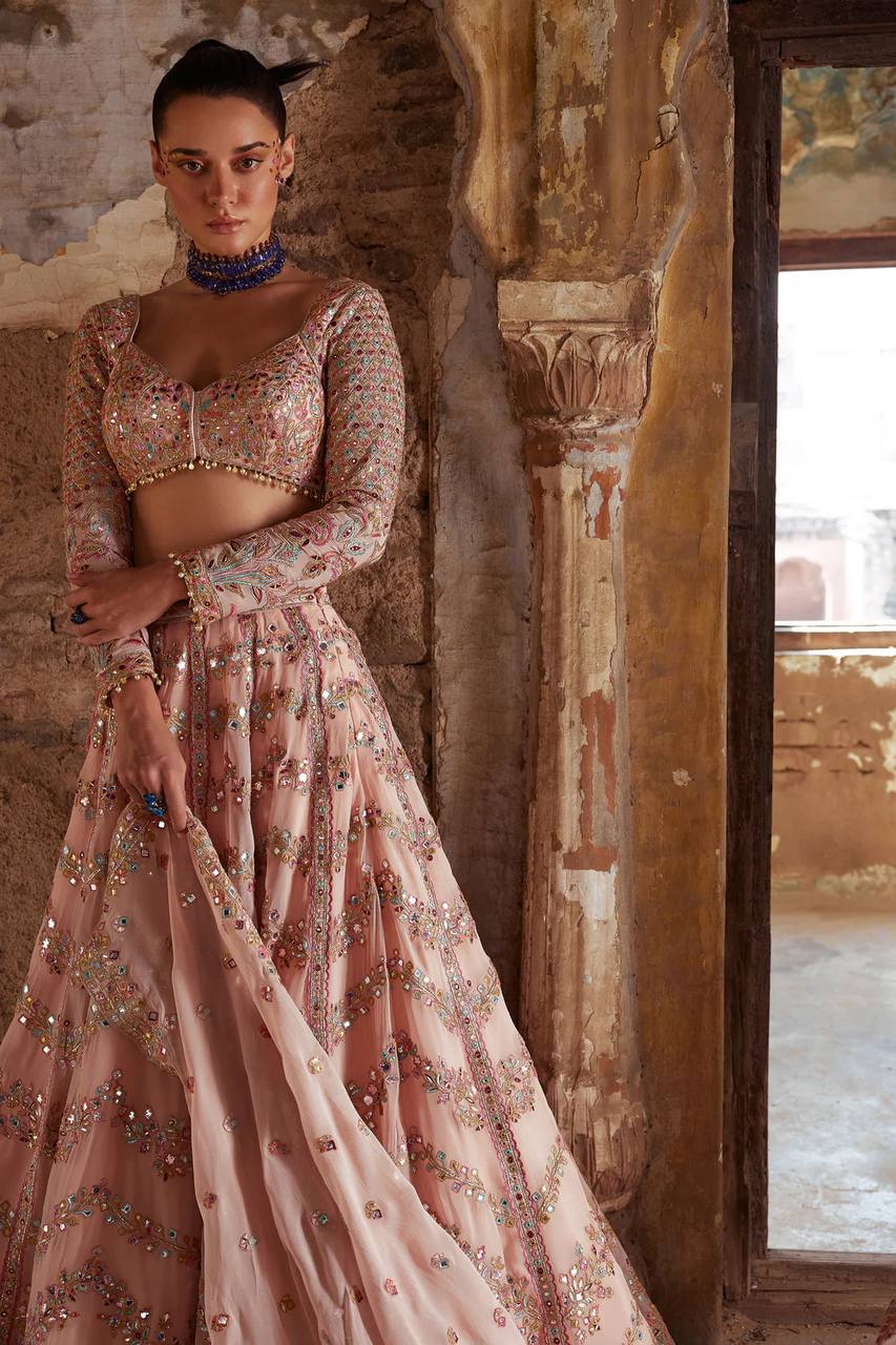 Peach Soft Georgette Embroidered Premium Lehenga