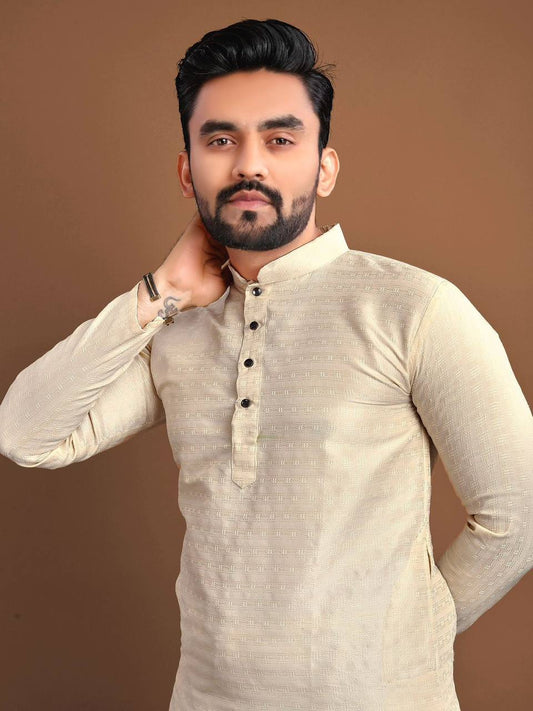 Cream Men's kurta Weaving style jaquard fabric with pure Cotton Pajama