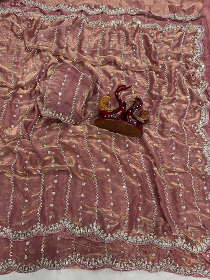 Party Star - Premium Space Silk Saree with Swaroski like crystal work with Fully Stitched Blouse