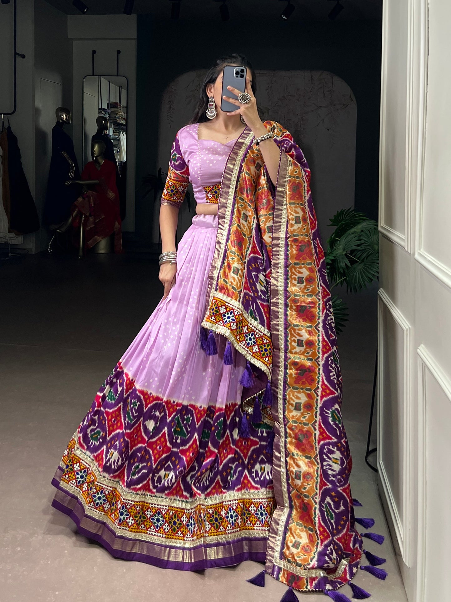 Varni - Beautiful Gamthi Work Printed Silk Chaniya Cholis Fully Stitched