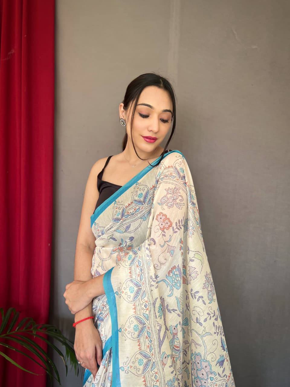 Premium White Cotton Sarees with Katha Prints with Fully Stitched Blouse
