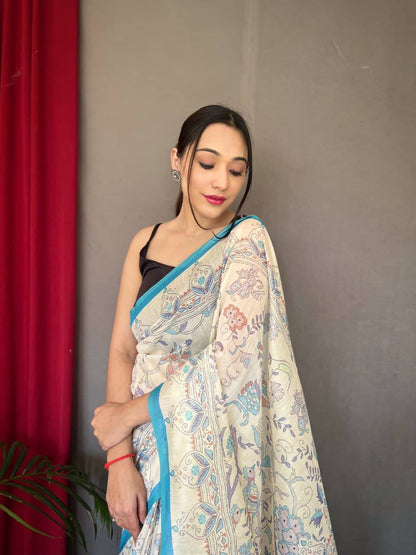 Premium White Cotton Sarees with Katha Prints with Fully Stitched Blouse