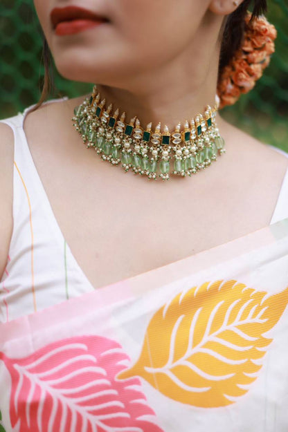 Soft silk leafy design saree with stitched blouse
