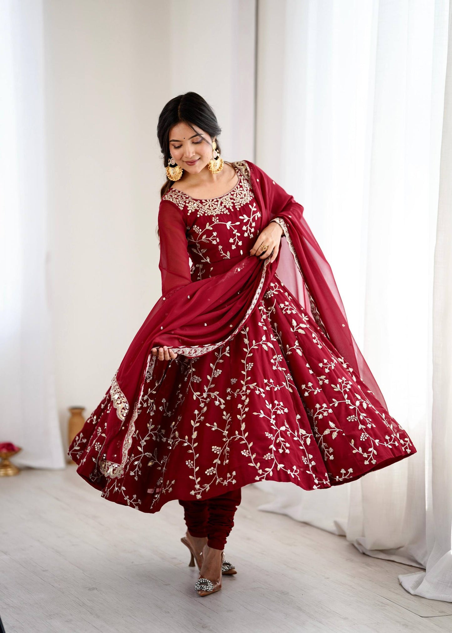 Preeva - Cherry 🍒 Pink  Soft Georgette with Full Embroidery Gown Fully Stitched